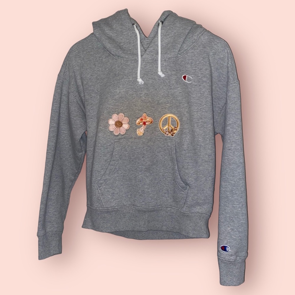 Champion women’s small grey double-layer hoodie, flower, mushroom, peace patches